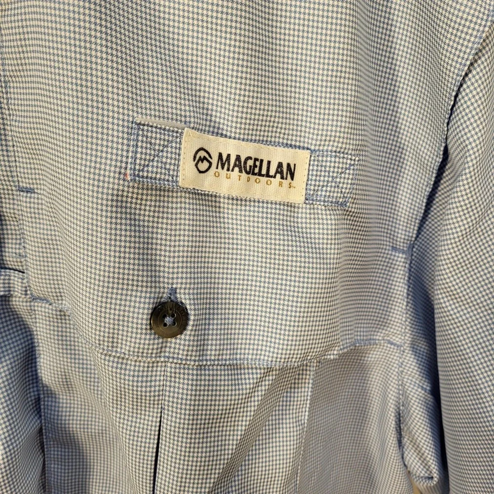 Magellan Outdoors Fish Gear Men Large Blue Micro Check Fishing Shirt Relaxed Fit